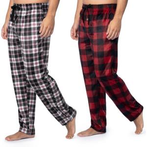 Fruit of the Loom Men’s Microsuede Fleece Sleep Pajama Pants, 2-pack(Black Plaid/Red Check)