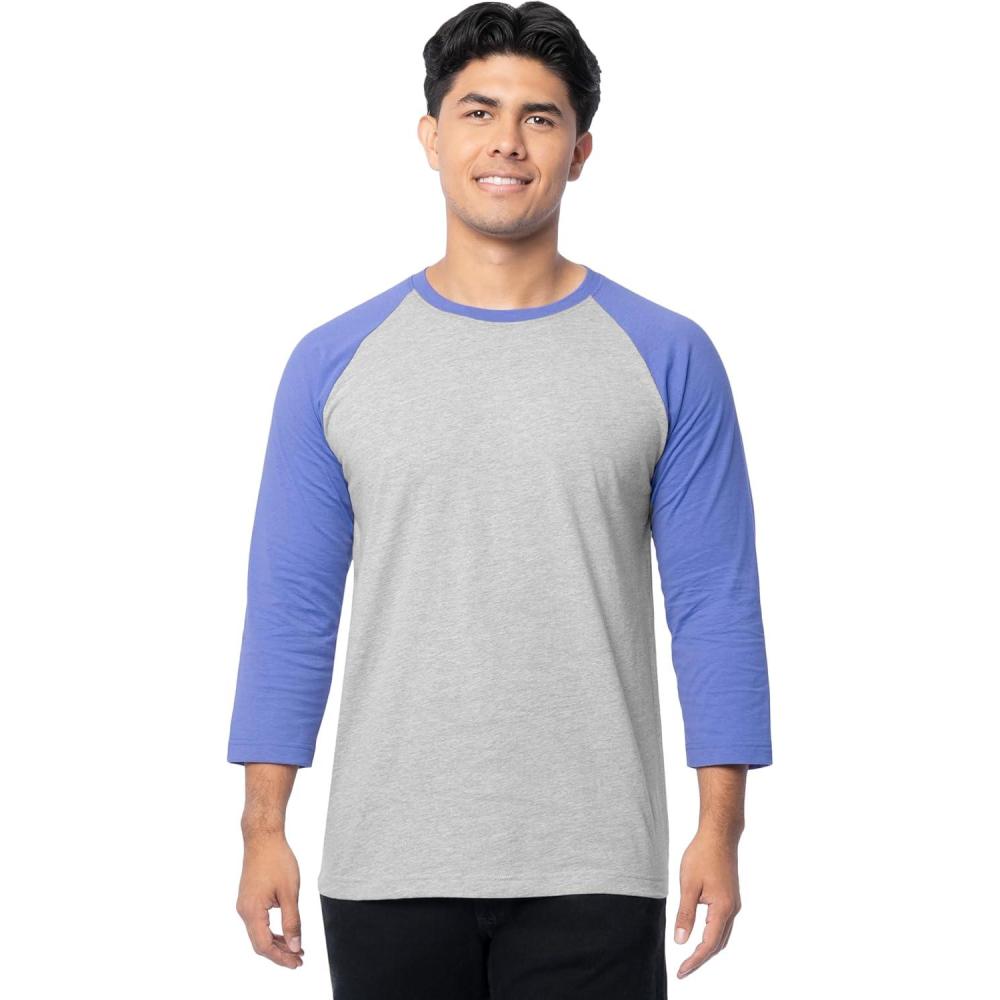 image:imageFruit of The Loom Mens Raglan 34 Sleeve Colorblock TShirtLight Grey HeatherBaja Blue