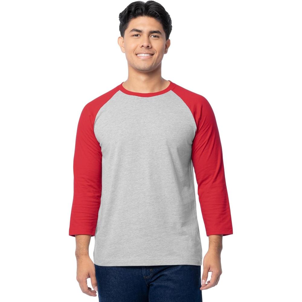 image:imageFruit of The Loom Mens Raglan 34 Sleeve Colorblock TShirtLight Grey HeatherRed