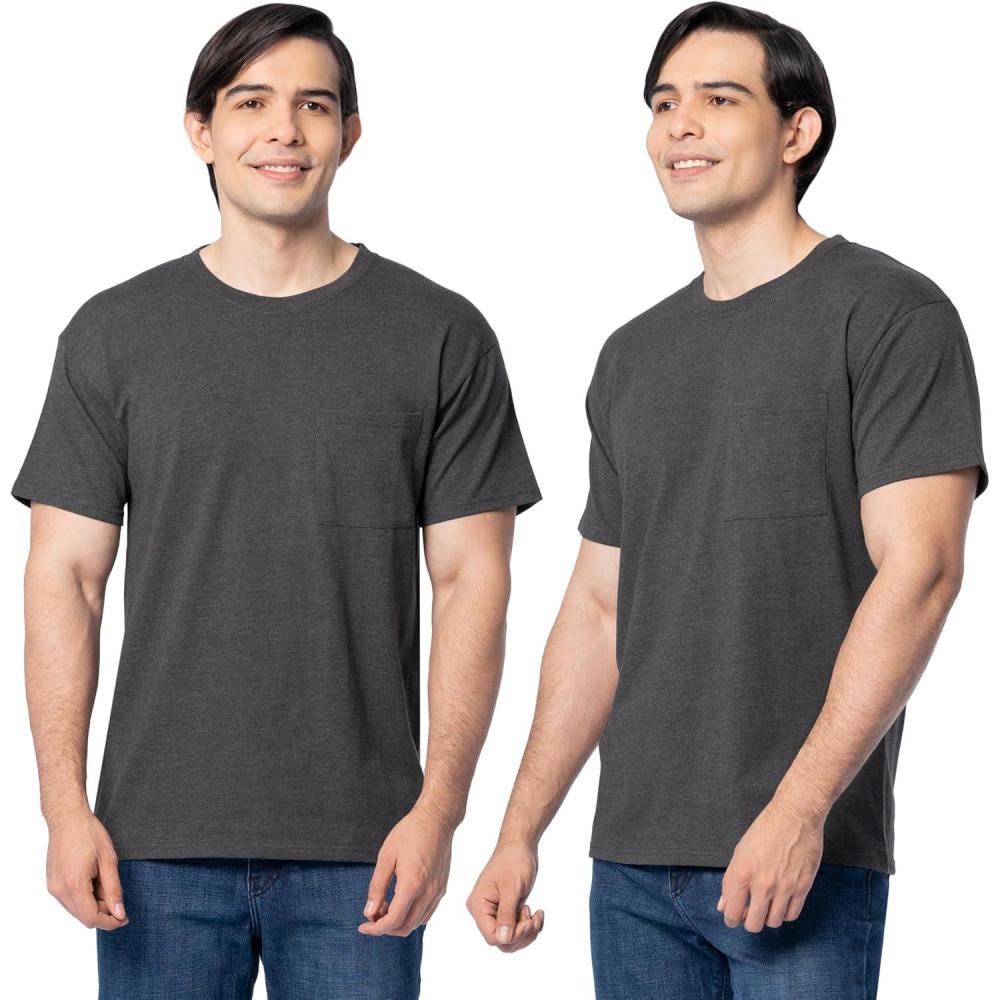 image:imageFruit of the Loom Mens Eversoft Cotton Short Sleeve Pocket TShirts Breathable amp Tag Free 2Pack2 Pack Black Heather