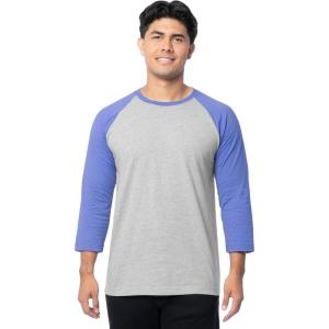 Fruit of The Loom Men’s Raglan 3/4 Sleeve Colorblock T-Shirt(Light Grey Heather/Baja Blue)