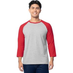 Fruit of The Loom Men’s Raglan 3/4 Sleeve Colorblock T-Shirt(Light Grey Heather/Red)
