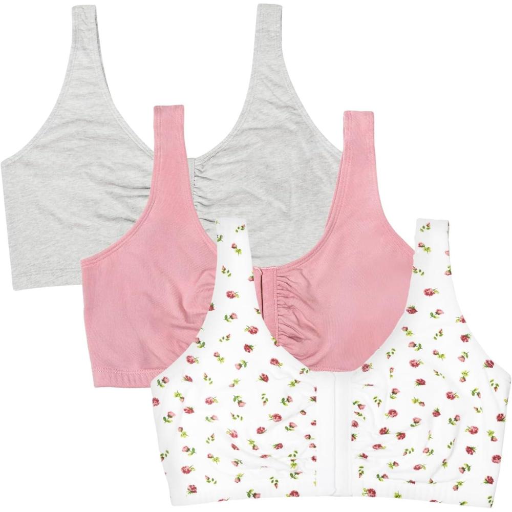image:imageFruit of the Loom Womens MultiPack Front Close Sports BraDancing RosebudsLilasGrey