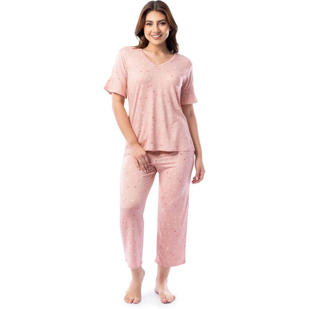 image:imageFruit of the Loom Womens 360 Stretch Ruffle Sleeve Vneck Tee and Capri Sleep Pajama SetWatercolor Hearts