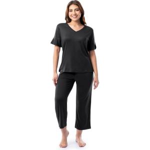 Fruit of the Loom Women’s 360 Stretch Ruffle Sleeve V-neck Tee and Capri Sleep Pajama Set(Black)