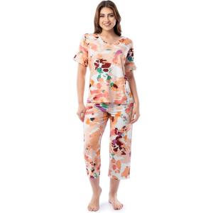 Fruit of the Loom Women’s 360 Stretch Ruffle Sleeve V-neck Tee and Capri Sleep Pajama Set(Painter’s Palette)