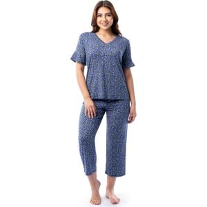 Fruit of the Loom Women’s 360 Stretch Ruffle Sleeve V-neck Tee and Capri Sleep Pajama Set(Small Bloom)