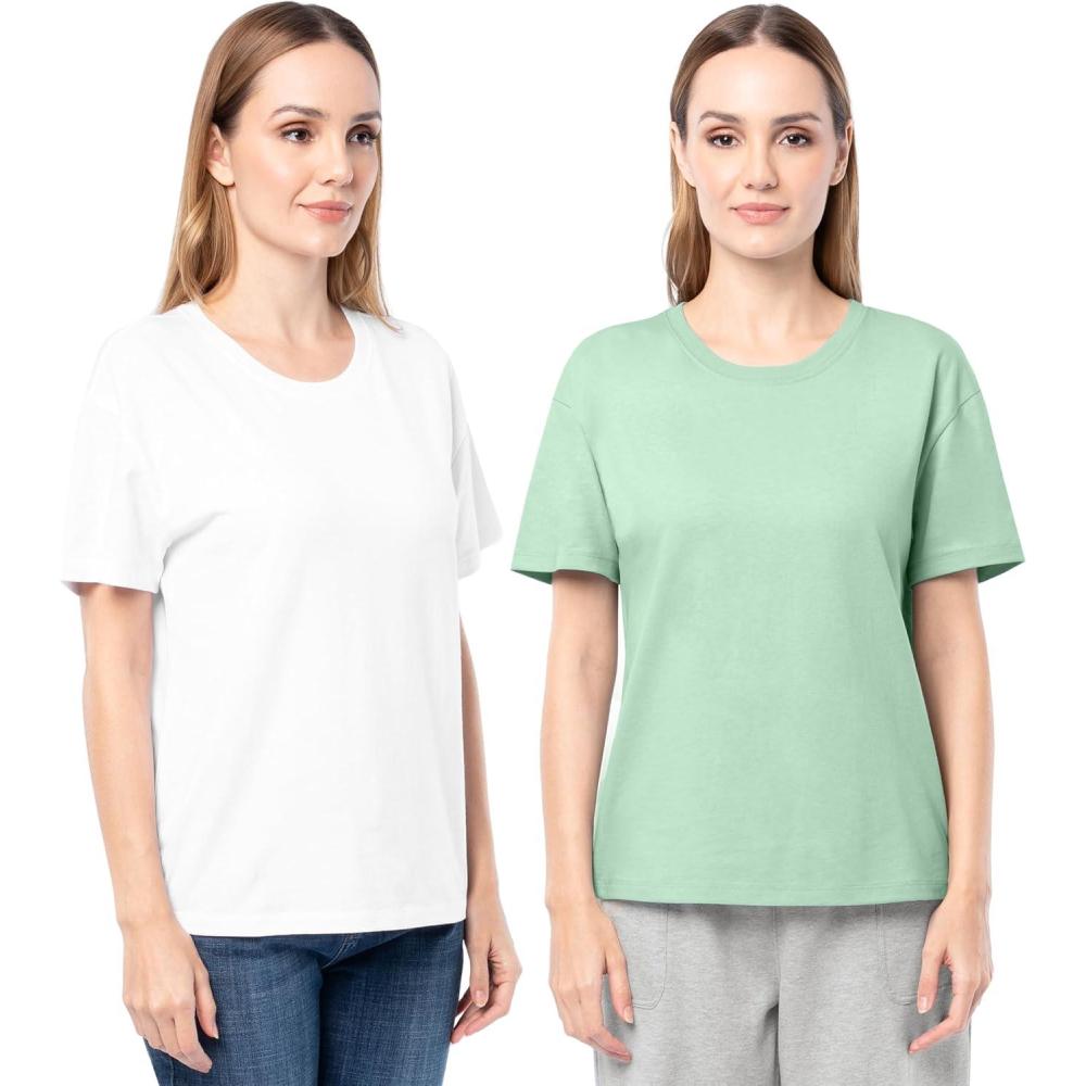 image:imageFruit of The Loom Womens Short Sleeve Boyfriend TShirt 2 PackGreenWhite