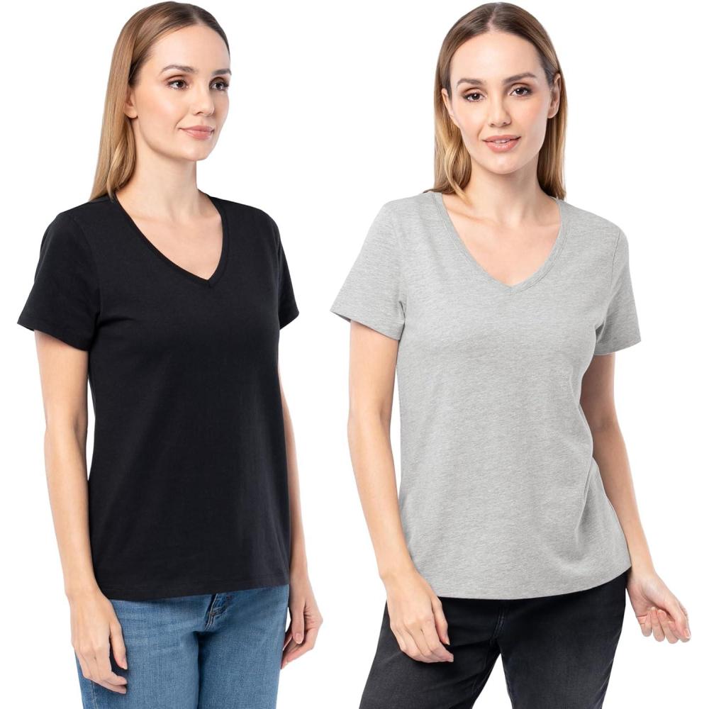 image:imageFruit of The Loom Womens Short Sleeve VNeck TShirt 2 PackGrey HeatherBlack