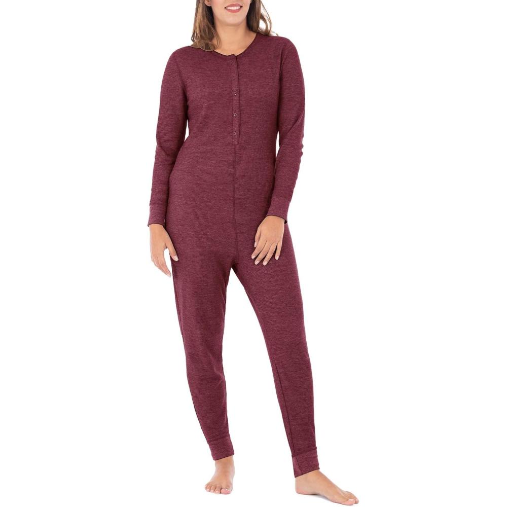 image:imageFruit of the Loom Womens Micro Waffle Premium Thermal Union SuitMerlot Heather