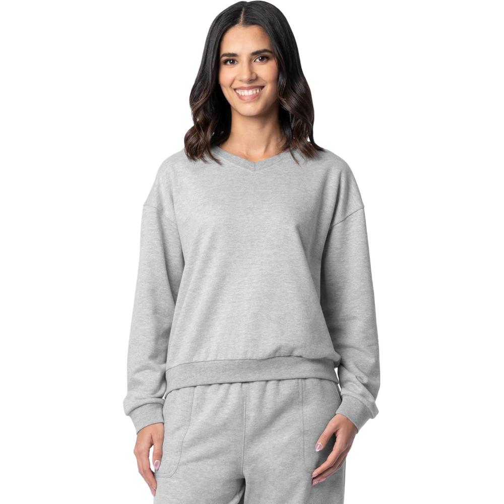 image:imageFruit of the Loom Womens Vneck Fleece Pullover Cropped SweatshirtLight Heather Grey