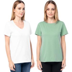 Fruit of The Loom Women’s Short Sleeve V-Neck T-Shirt, 2 Pack(Green/White)