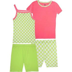 Fruit of the Loom Girls’ Energize Snug Fit 4-piece Pajama Sleep Set(Coral/Spring Green)