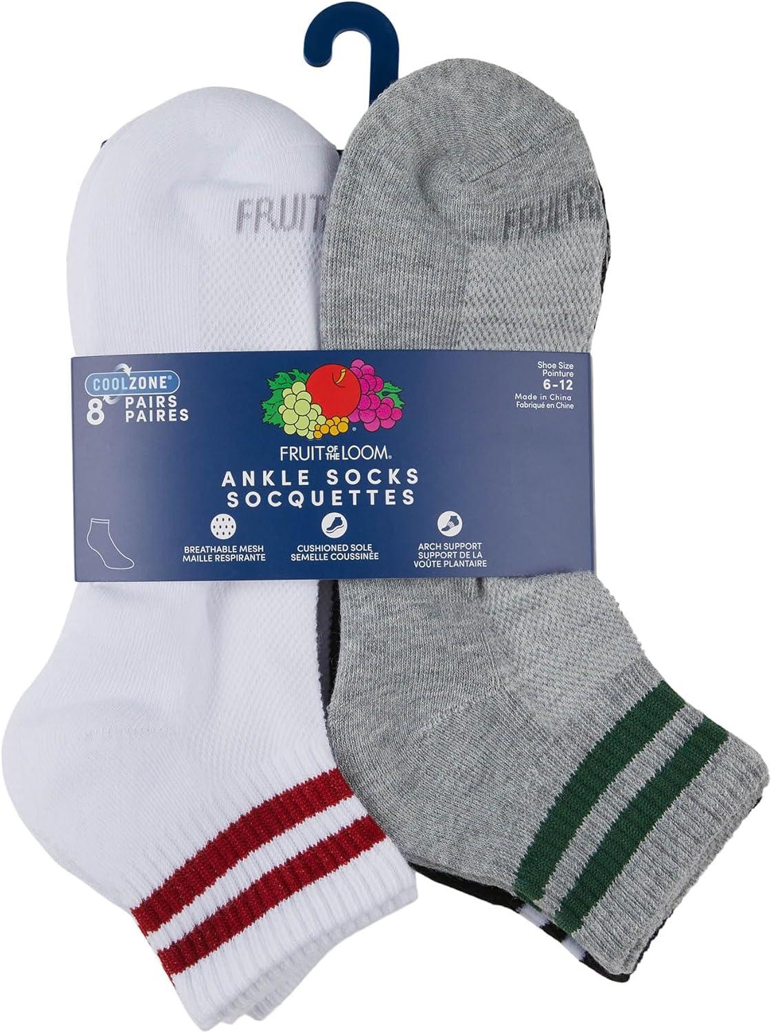 image:imageFruit of the Loom Mens Coolzone Socks Breathable with Half Cushion MultiPacksAnkle 8 Pack Varsity Stripe