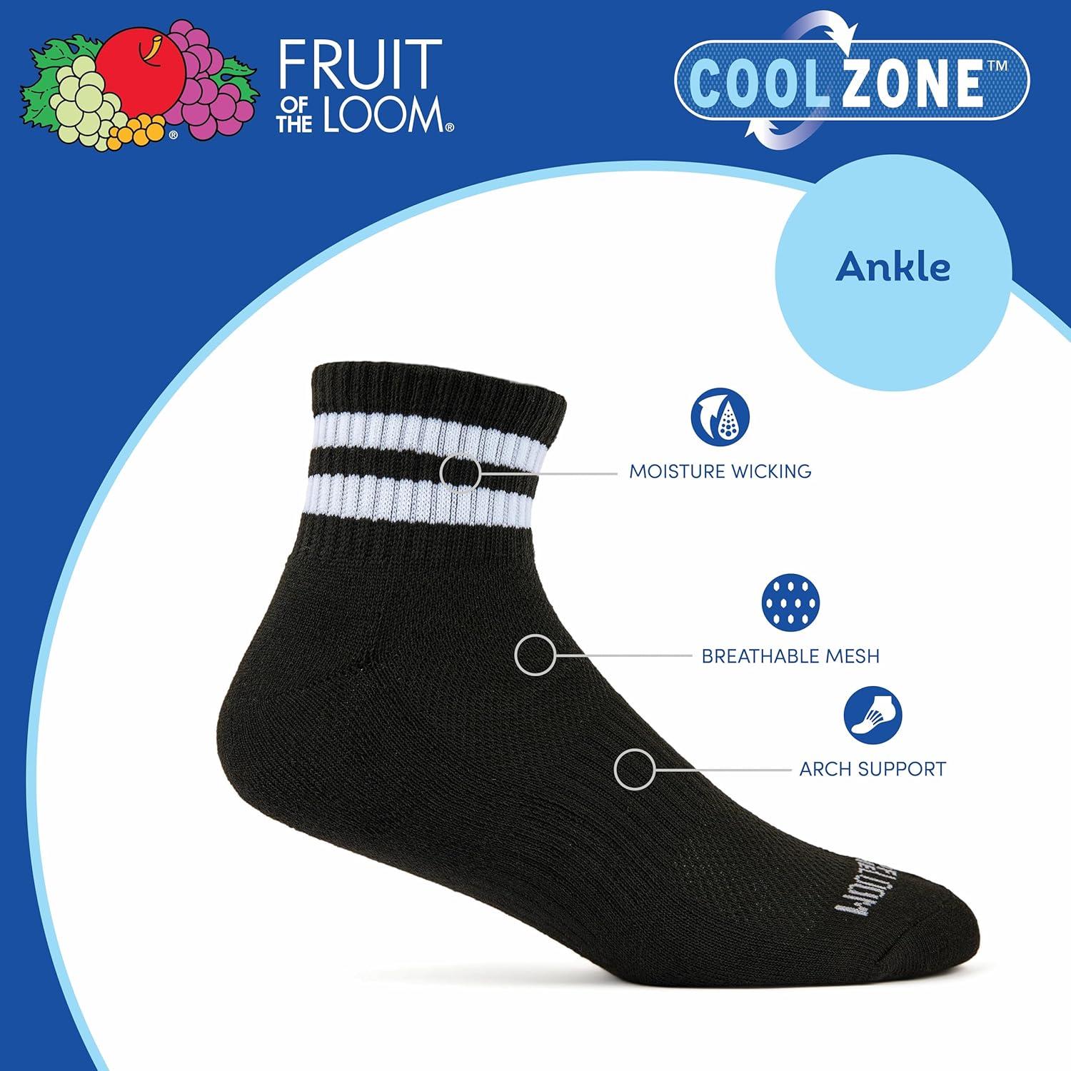 image:imageFruit of the Loom Mens Coolzone Socks Breathable with Half Cushion MultiPacksAnkle 8 Pack Varsity Stripe