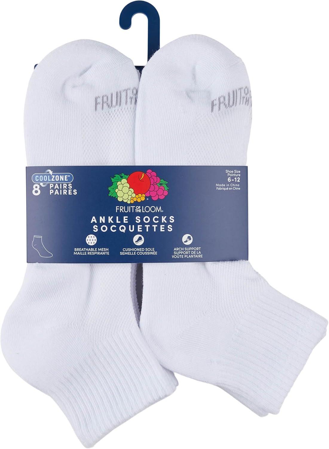 image:imageFruit of the Loom Mens Coolzone Socks Breathable with Half Cushion MultiPacksAnkle 8 Pack White