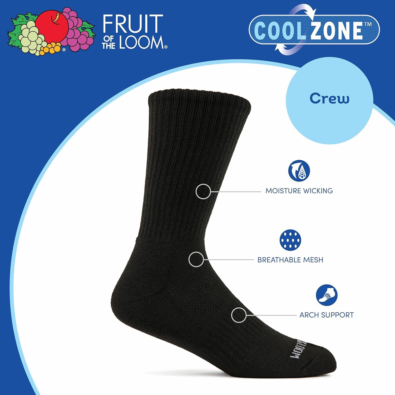 image:imageFruit of the Loom Mens Coolzone Socks Breathable with Half Cushion MultiPacksCrew 8 Pack Black