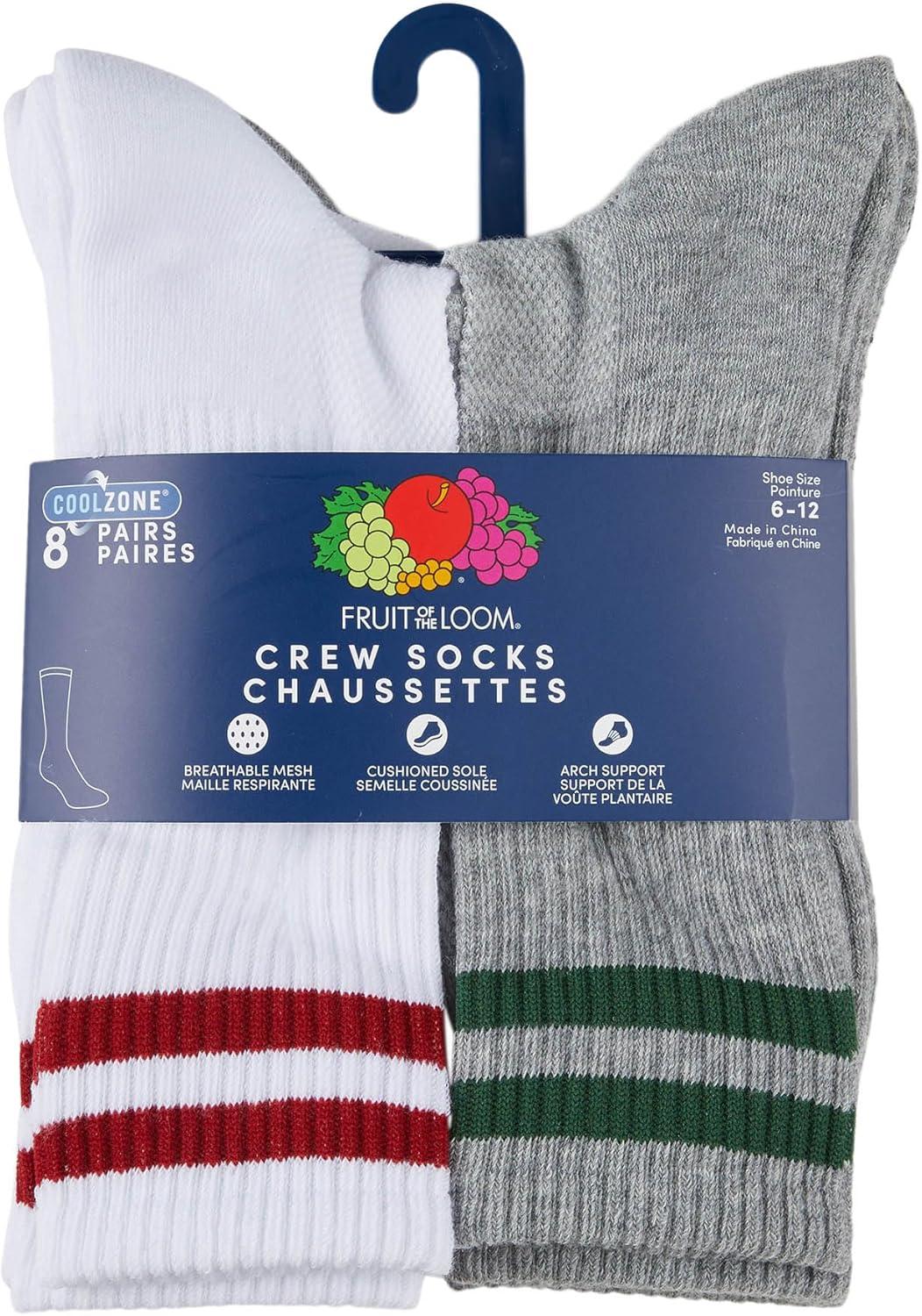 image:imageFruit of the Loom Mens Coolzone Socks Breathable with Half Cushion MultiPacksCrew 8 Pack Varsity Stripe
