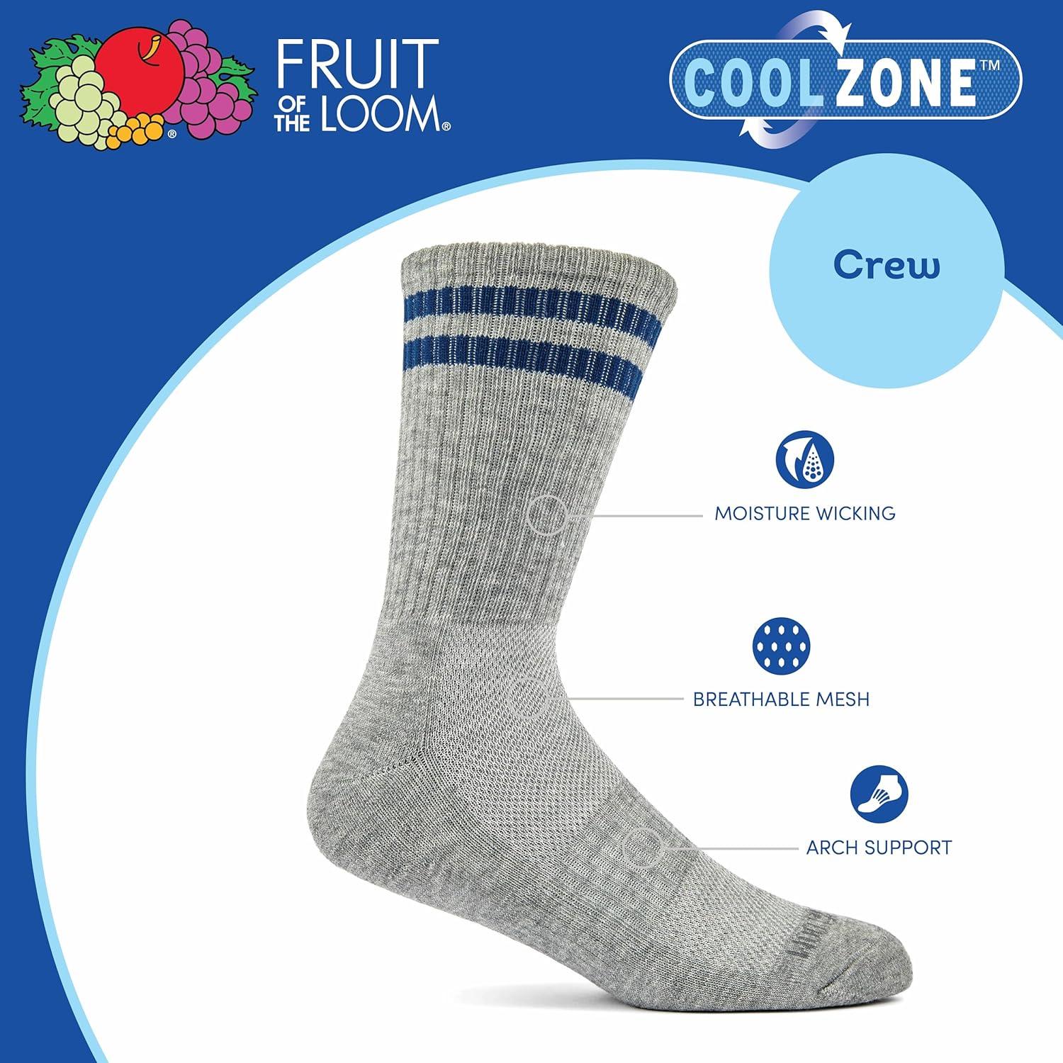 image:imageFruit of the Loom Mens Coolzone Socks Breathable with Half Cushion MultiPacksCrew 8 Pack Varsity Stripe