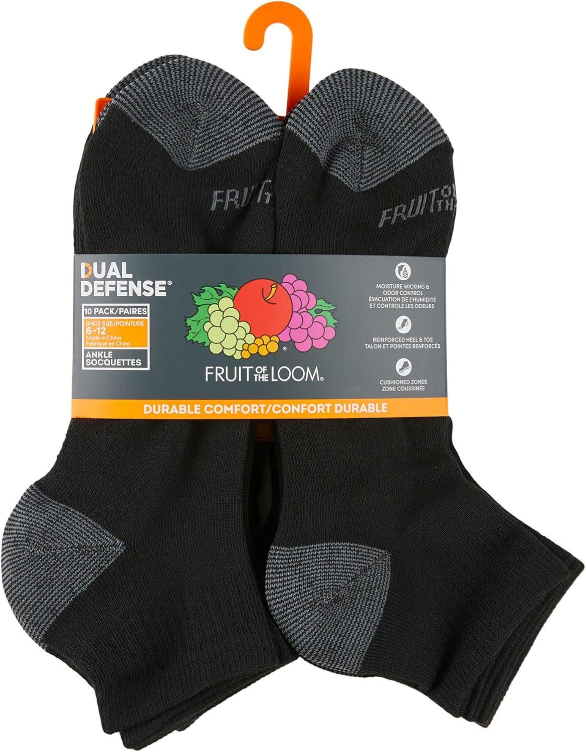 image:imageFruit of the Loom Mens Dual Defense Ankle Socks Odor Protection with Half Cushion MultiPacksAnkle 10 Pack Black