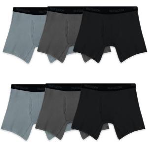 Fruit of the Loom Men’s 4-way Stretch Boxer Briefs | Lightweight & Moisture Wicking Underwear | Long Leg, Regular Leg & Trunk(Regular Leg – Cotton Stretch – Black/Grey)