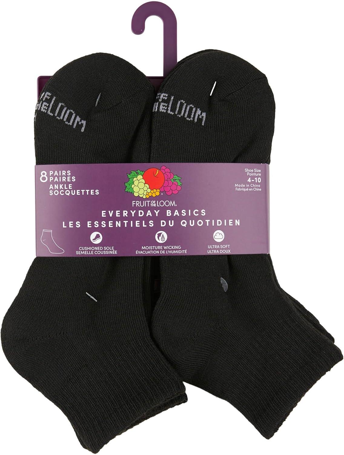 image:imageFruit of the Loom Womens Everyday Basics Socks Breathable with Half Cushion MultiPacksAnkle 8 Pack Black