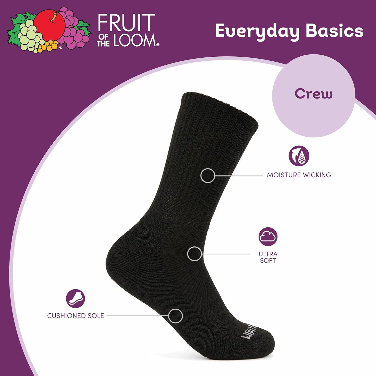 image:imageFruit of the Loom Womens Everyday Basics Socks Breathable with Half Cushion MultiPacksCrew 8 Pack Black