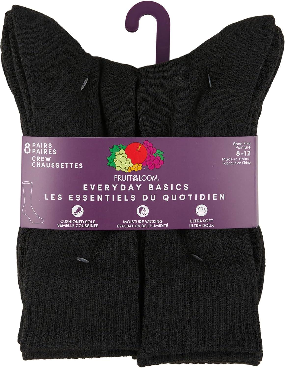 image:imageFruit of the Loom Womens Everyday Basics Socks Breathable with Half Cushion MultiPacksCrew 8 Pack Black
