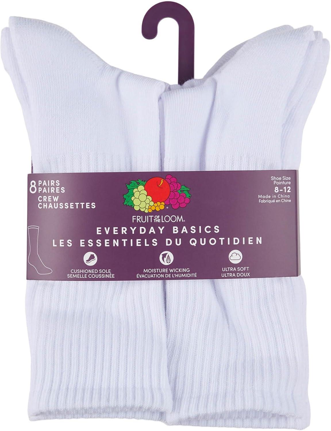 image:imageFruit of the Loom Womens Everyday Basics Socks Breathable with Half Cushion MultiPacksCrew 8 Pack White