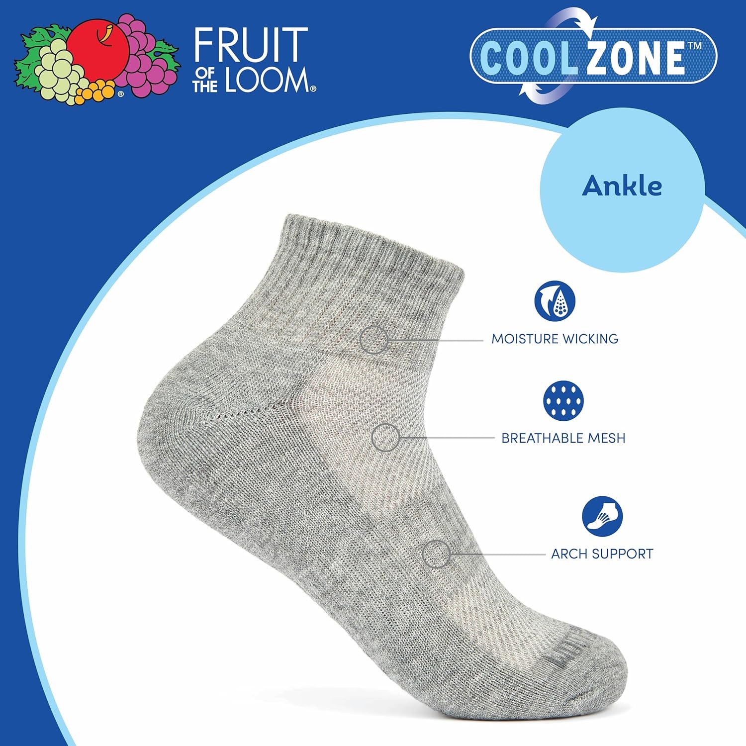 image:imageFruit of the Loom Boys Coolzone Socks Breathable with Half Cushion MultiPacksAnkle 8 Pack Assorted