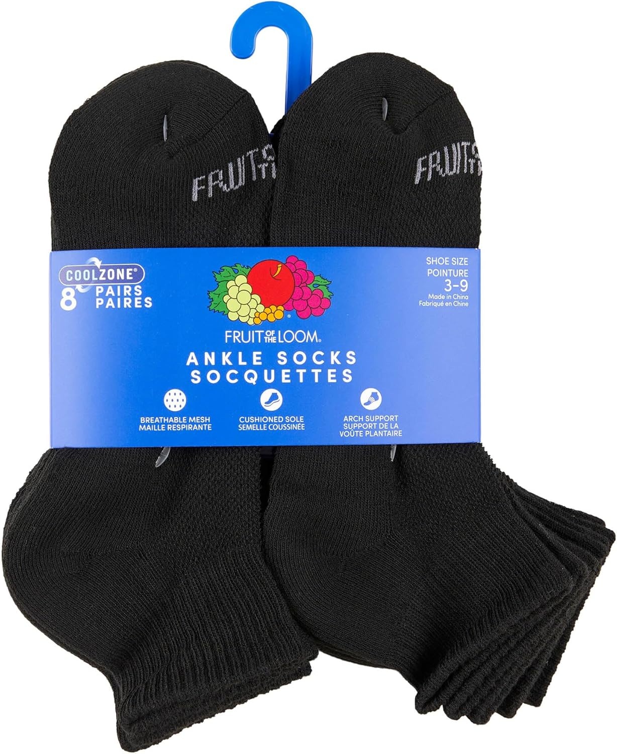 image:imageFruit of the Loom Boys Coolzone Socks Breathable with Half Cushion MultiPacksAnkle 8 Pack Black
