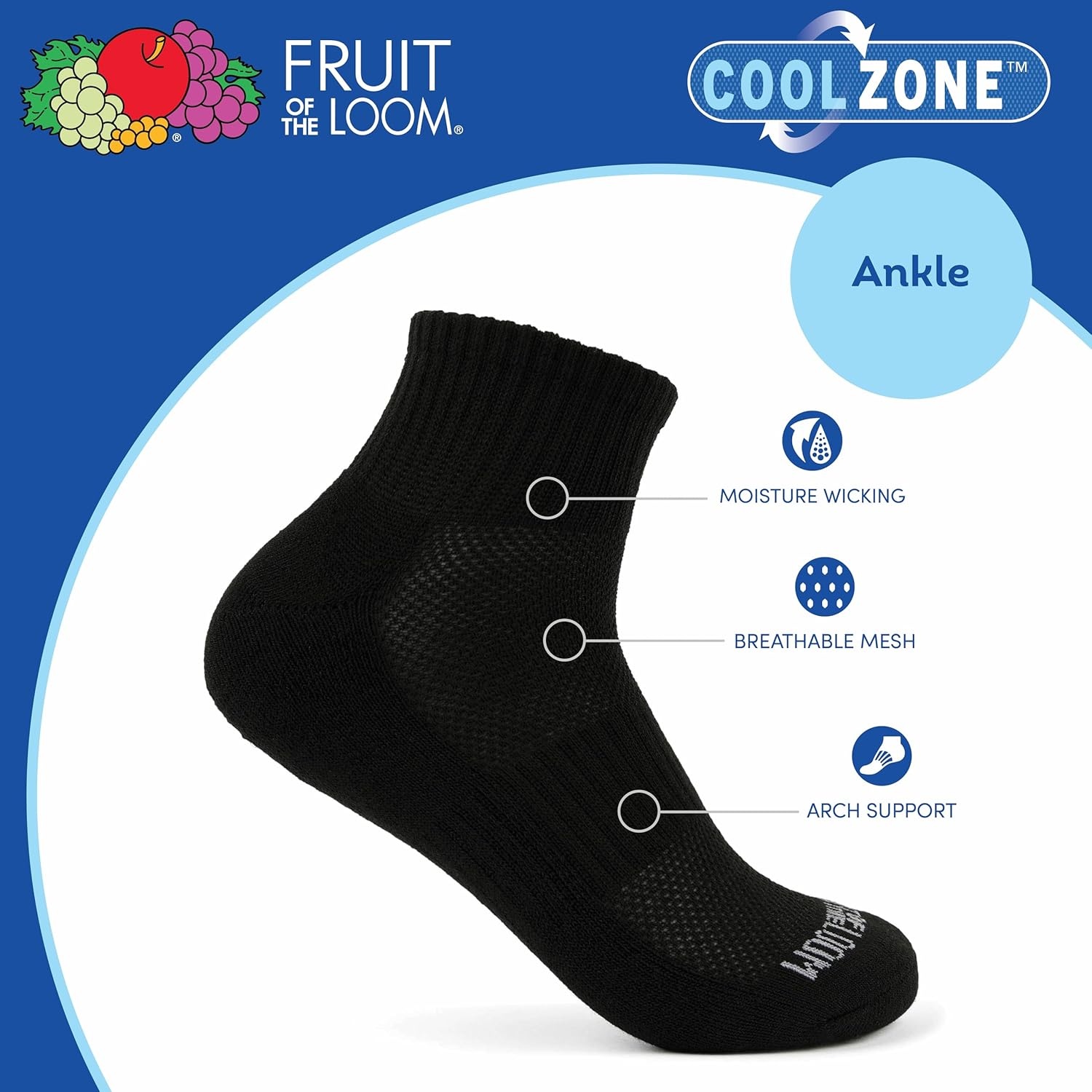 image:imageFruit of the Loom Boys Coolzone Socks Breathable with Half Cushion MultiPacksAnkle 8 Pack Black