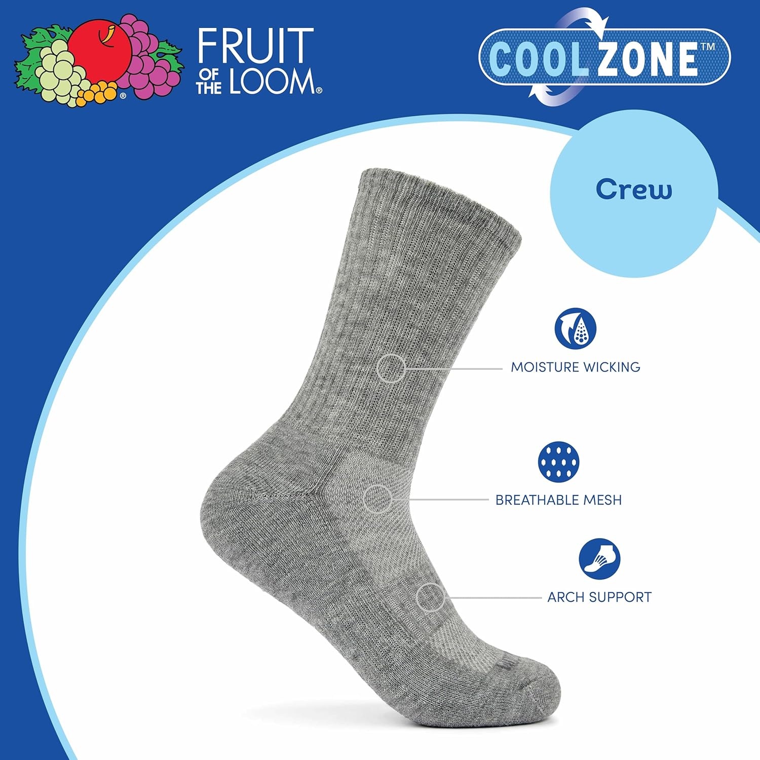 image:imageFruit of the Loom Boys Coolzone Socks Breathable with Half Cushion MultiPacksCrew 8 Pack Assorted