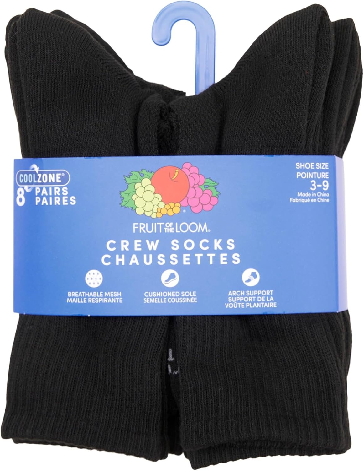 image:imageFruit of the Loom Boys Coolzone Socks Breathable with Half Cushion MultiPacksCrew 8 Pack Black