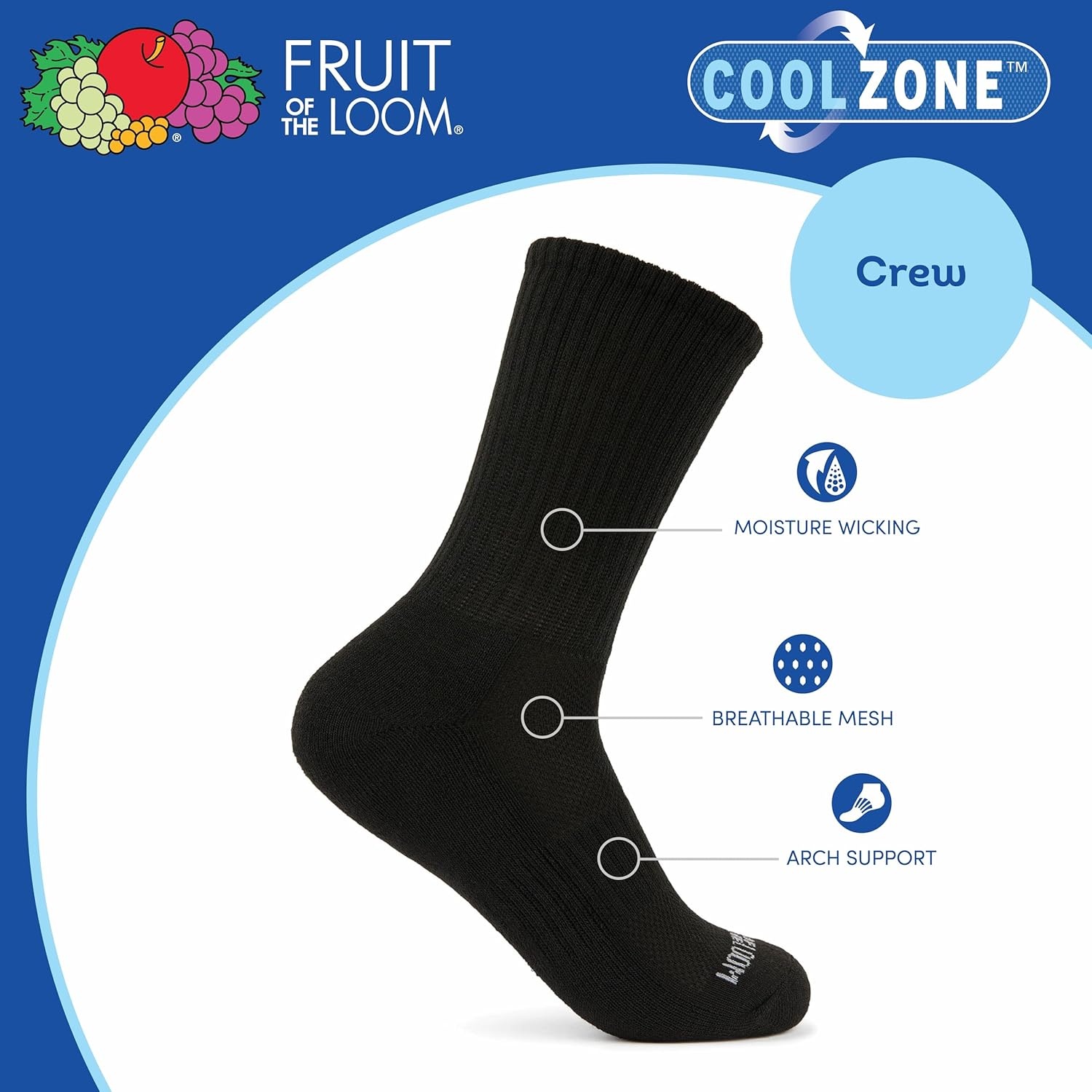 image:imageFruit of the Loom Boys Coolzone Socks Breathable with Half Cushion MultiPacksCrew 8 Pack Black