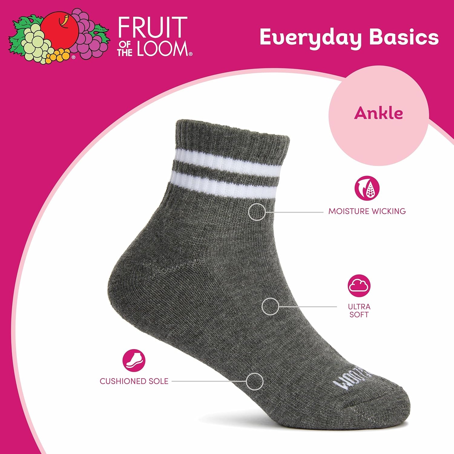 image:imageFruit of the Loom Girls Everyday Essential Soft Cushion SocksAnkle 10 Pack Assorted