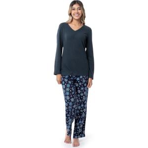 Fruit of the Loom Waffle V-Neck Top and Flannel Pant Sleep Set Ensemble de Pijama Femme(Bleu Nuit/Flocon D&rsquo;étoile)