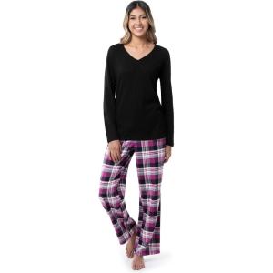 Fruit of the Loom Waffle V-Neck Top and Flannel Pant Sleep Set Ensemble de Pijama Femme(Noir/Carreaux Baies)