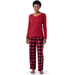 Fruit of the Loom Waffle V-Neck Top and Flannel Pant Sleep Set Ensemble de Pijama Femme(Rouge Radiant/Carreaux Buffalo)