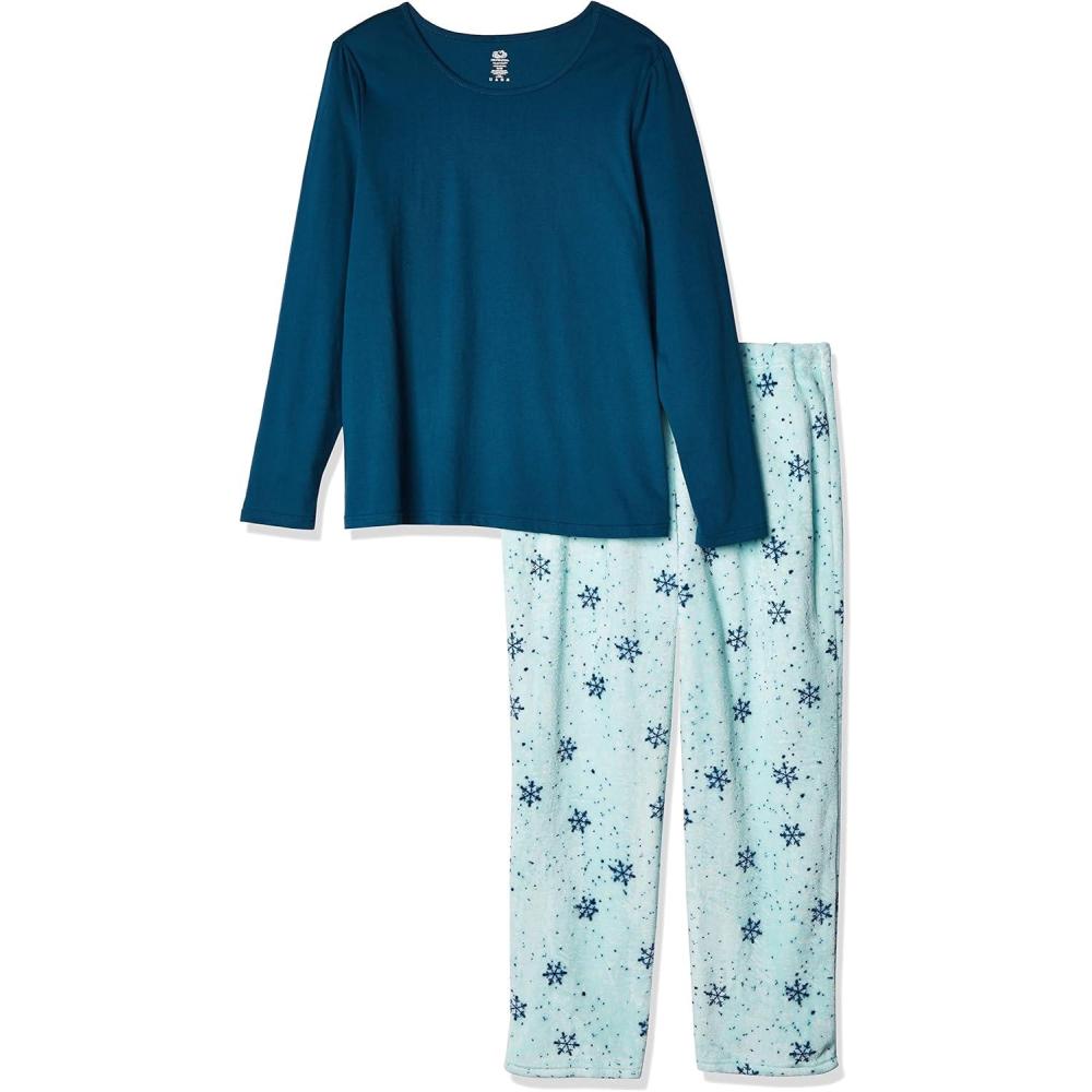 imageFruit of the Loom Sueded Jersey Crew Top and Fleece Pant Sleep Set Ensemble de Pijama FemmeBlue SeaSnowflake