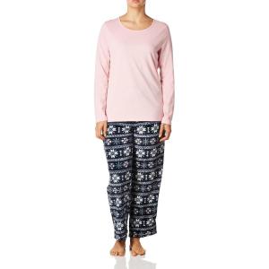 Fruit of the Loom Sueded Jersey Crew Top and Fleece Pant Sleep Set Ensemble de Pijama Femme(Rose Doux/Fée)