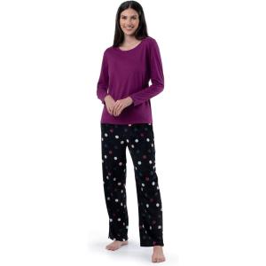Fruit of the Loom Sueded Jersey Crew Top and Fleece Pant Sleep Set Ensemble de Pijama Femme(Royal Berry/Multi Dots)
