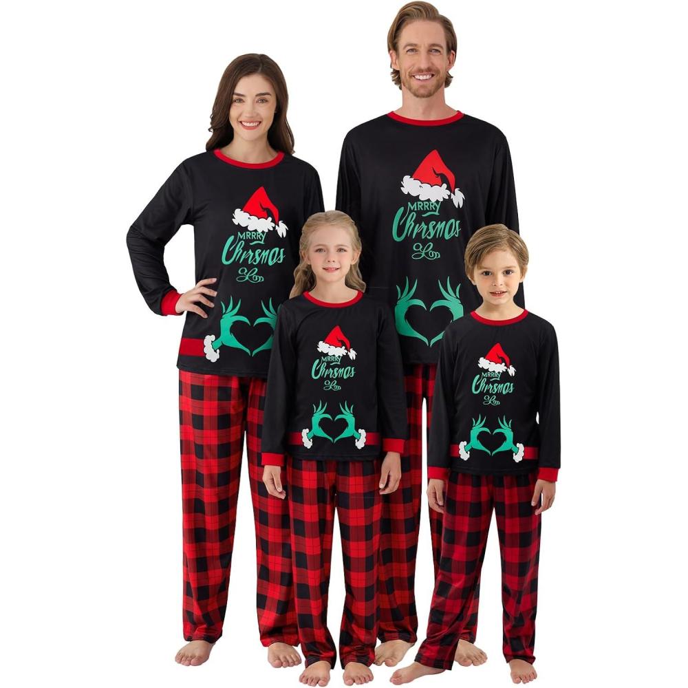 image:imagePyjamas de Nol Assortis Ensemble de Pyjamas de Nol Assortis Ensemble de Pyjamas de Nol Assortis Vtements de Nuit pour Femmes Hommes Enfants bbMains VertesNoirNoir et Mains