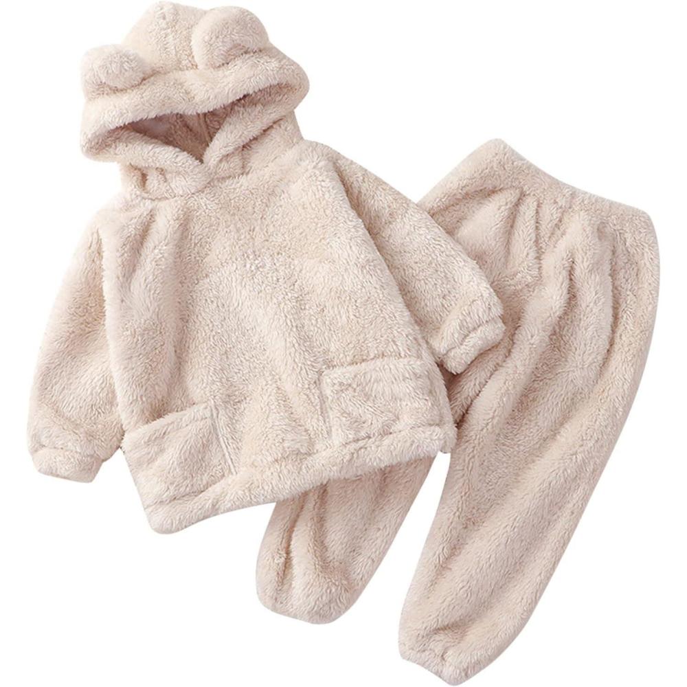 image:image2026 Ensemble de pyjama 2 pices pour bb fille garon en polaire chaude capuche avec oreilles dours et pantalonBeige