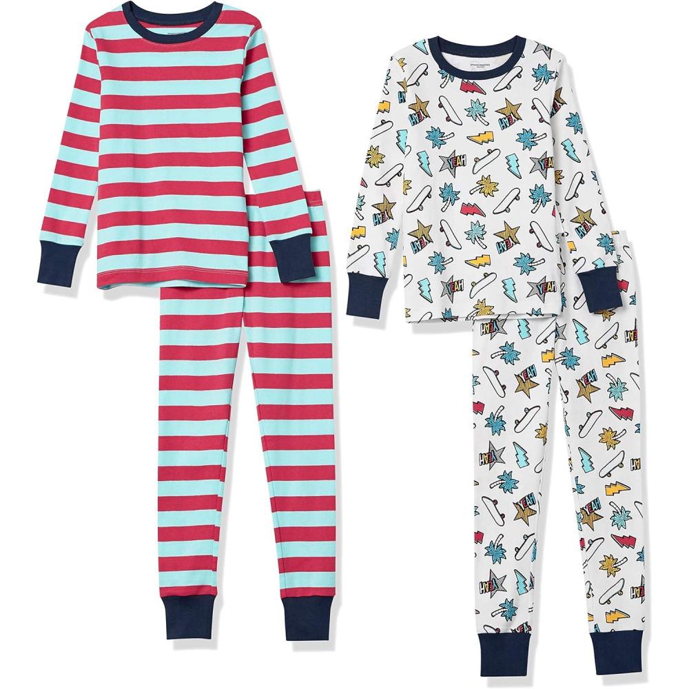 image:imageAmazon Essentials Unisexe bb Lot de Pyjamas en Coton Coupe AjusteBlanc PatinsBleu des Mers du Sud Rayures