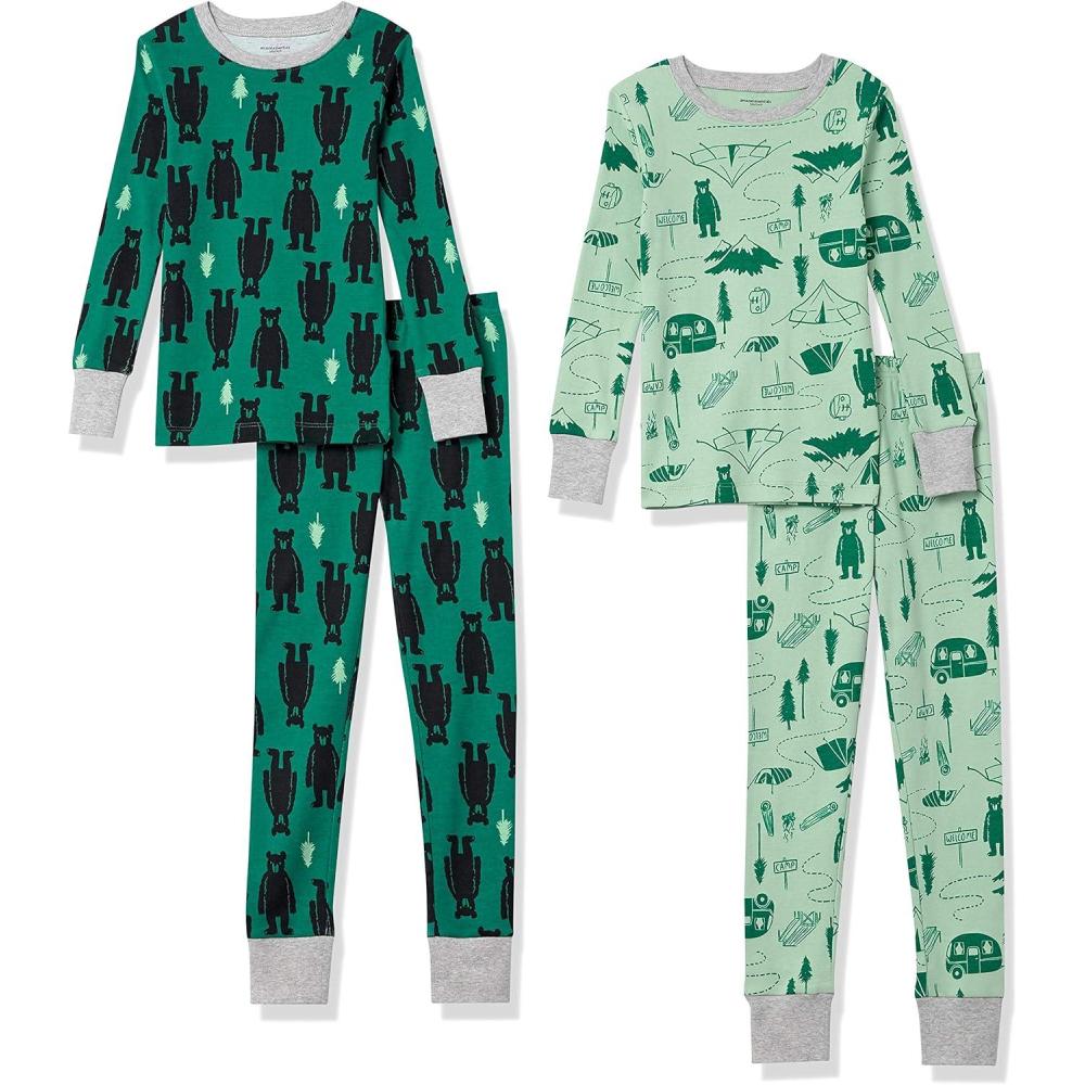 image:imageAmazon Essentials Unisexe bb Lot de Pyjamas en Coton Coupe AjusteVert Bouteille Ours PolaireVert Menthe Motif Camping
