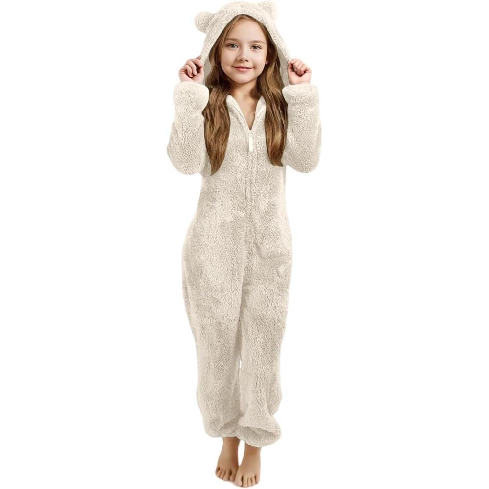image:imageCombinaison Pyjama Enfant Fille Garon 312 Ans Douce Pyjama Combinaison Surpyjama pour Enfants Grenouillre Hiver Chaude Double Polaire avec Capuche Oreilles de Chat Dguisement Douillet en PelucheBlanc